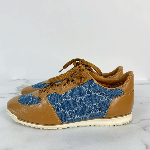 GUCCI GG Denim Monogram Cognac Calfskin Leather Sneakers 38.5 - Picture 4 of 15